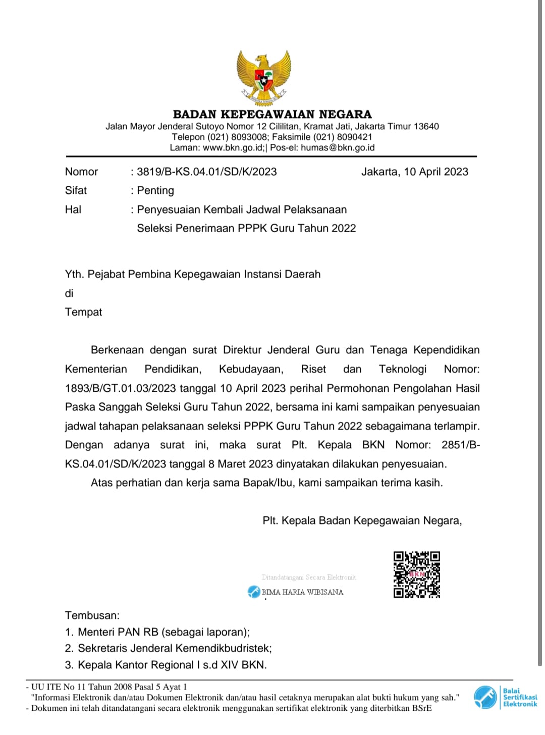 Surat dari BKN tentang Penyesuaian Kembali Jadwal Pelaksanaan Seleksi Penerimaan PPPK Guru Tahun 2022